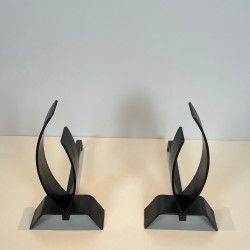 Paire de Chenets Modernistes en Acier à Formes Flamme sur Socle Plat, vers 1970