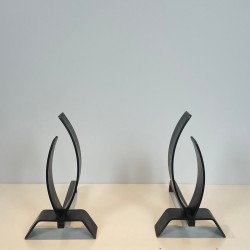 Pair of Modernist Flame-Form Steel Andirons on Flat Base, French, circa 1970