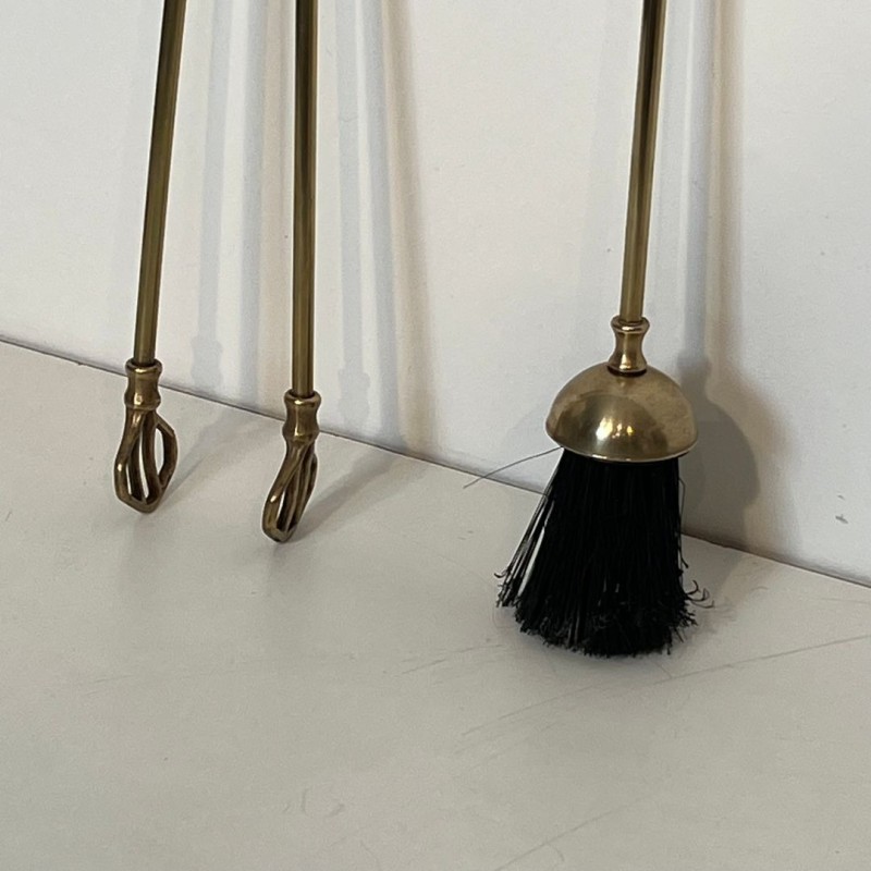 Neoclassical Brass Fireplace Companion Set on Tripod Stand, French, circa 1970