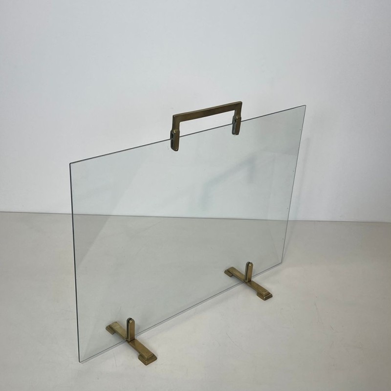 Pare-Feu Moderniste à Panneau de Verre et Laiton, Travail Français, vers 1970