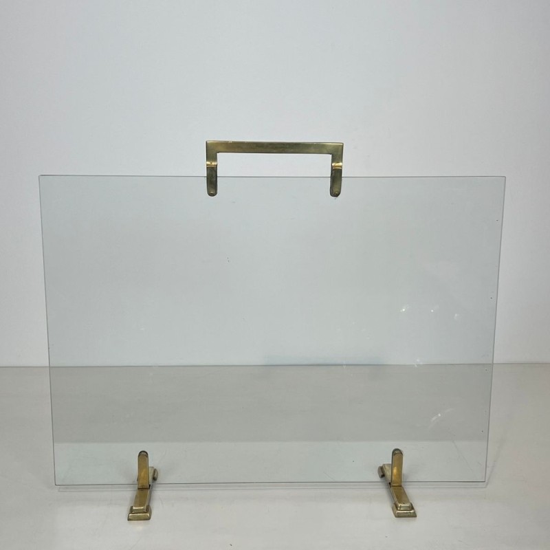 Pare-Feu Moderniste à Panneau de Verre et Laiton, Travail Français, vers 1970