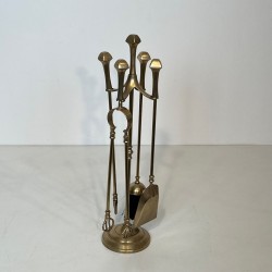 Neoclassical Brass Fireplace Companion Set on Tripod Stand, French, circa 1970