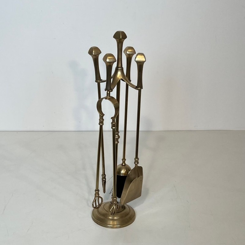 Neoclassical Brass Fireplace Companion Set on Tripod Stand, French, circa 1970