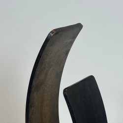 Pair of Modernist Flame-Form Steel Andirons on Flat Base, French, circa 1970