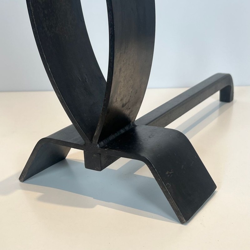 Pair of Modernist Flame-Form Steel Andirons on Flat Base, French, circa 1970