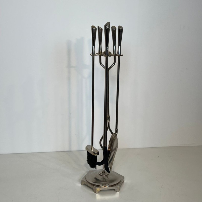 Modernist Fireplace Companion Set with Chrome Stand, French Design circa 1970
