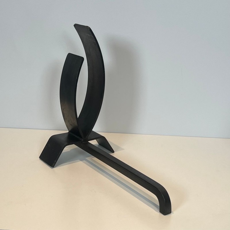 Paire de Chenets Modernistes en Acier à Formes Flamme sur Socle Plat, vers 1970