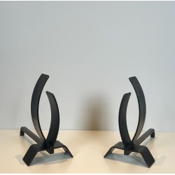 Pair of Modernist Flame-Form Steel Andirons on Flat Base, French, circa 1970