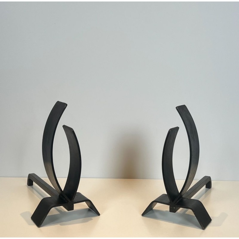 Pair of Modernist Flame-Form Steel Andirons on Flat Base, French, circa 1970