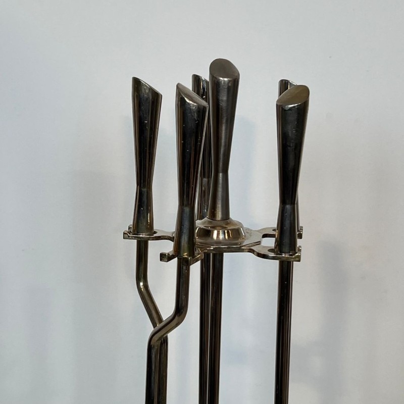 Modernist Fireplace Companion Set with Chrome Stand, French Design circa 1970