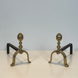 Pair of Neoclassical Brass Andirons with Pine Cone Finials, in the Style of Maison Jansen