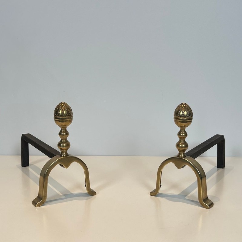 Pair of Neoclassical Brass Andirons with Pine Cone Finials, in the Style of Maison Jansen