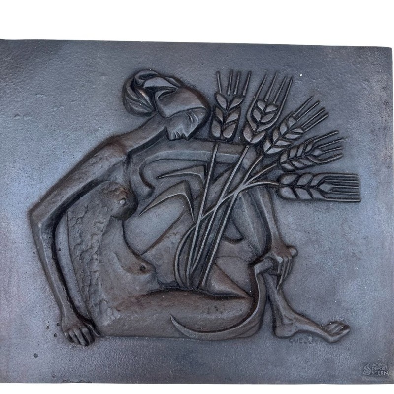 Art Deco Cast Iron Fireback, Allegorical Harvest Nude, Foundry Stern, circa 1950