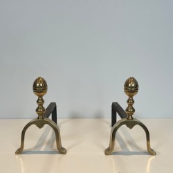 Pair of Neoclassical Brass Andirons with Pine Cone Finials, in the Style of Maison Jansen