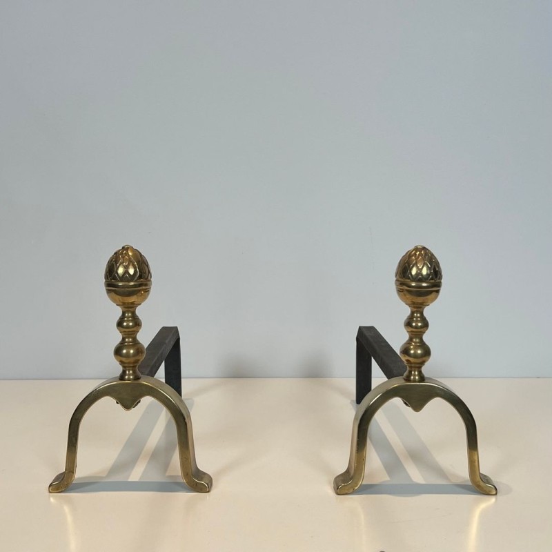 Pair of Neoclassical Brass Andirons with Pine Cone Finials, in the Style of Maison Jansen