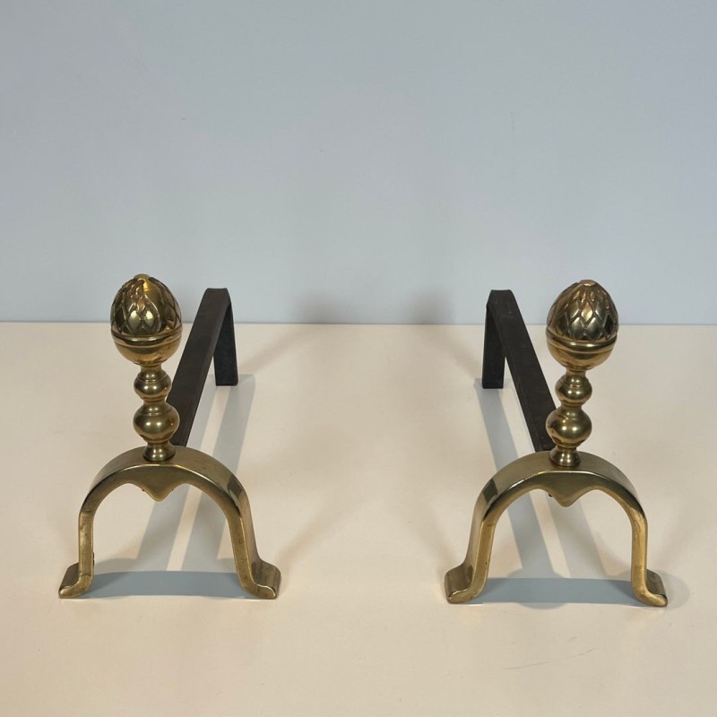 Paire de Chenets en Laiton à Pommes de Pin, dans le Goût de la Maison Jansen