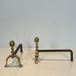 Pair of Neoclassical Brass Andirons with Pine Cone Finials, in the Style of Maison Jansen