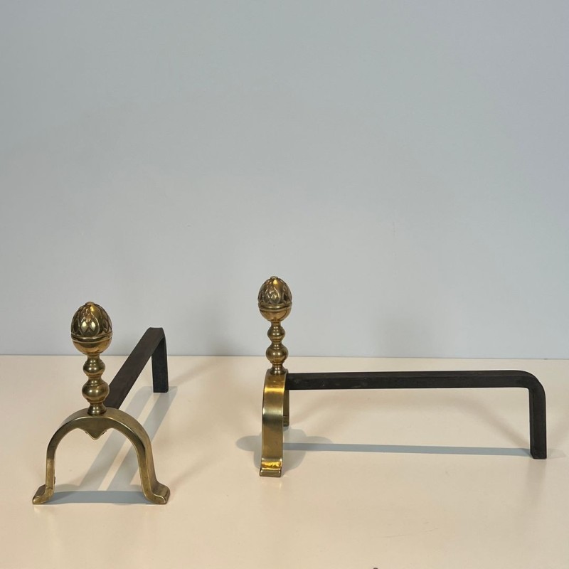 Pair of Neoclassical Brass Andirons with Pine Cone Finials, in the Style of Maison Jansen