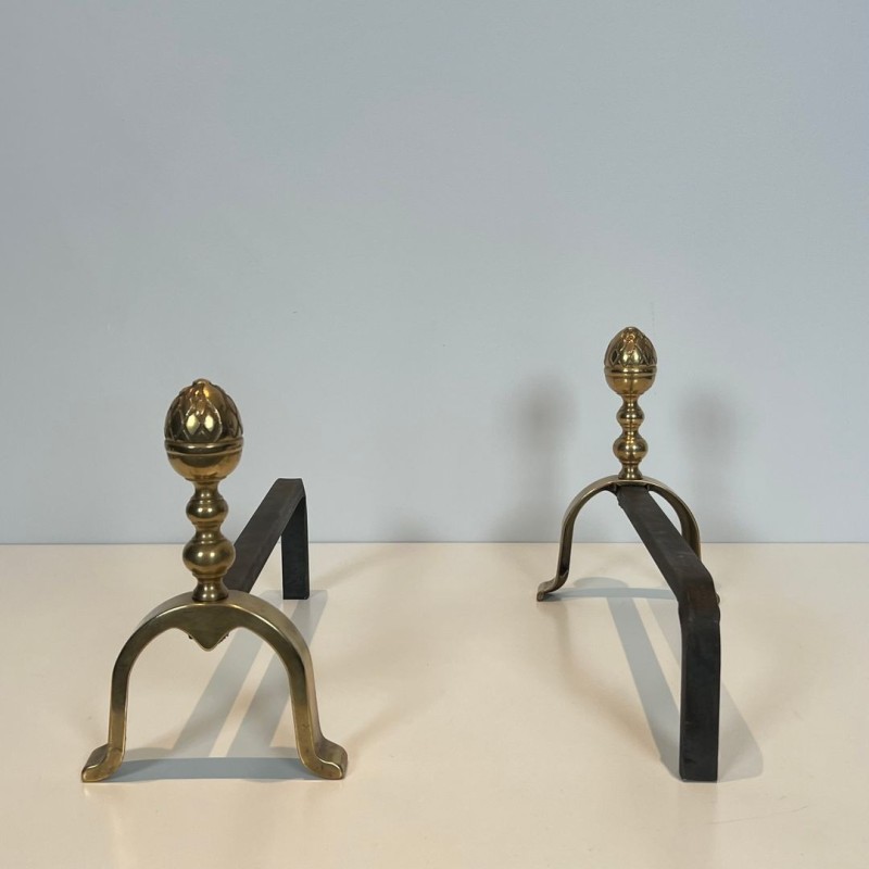Pair of Neoclassical Brass Andirons with Pine Cone Finials, in the Style of Maison Jansen