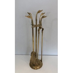 Neoclassical Brass Fireplace Companion Set with Duck Head Handles, Maison Jansen Style