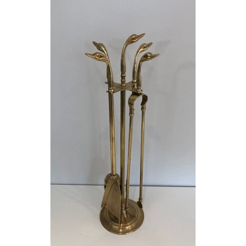 Neoclassical Brass Fireplace Companion Set with Duck Head Handles, Maison Jansen Style