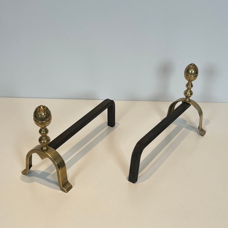 Pair of Neoclassical Brass Andirons with Pine Cone Finials, in the Style of Maison Jansen