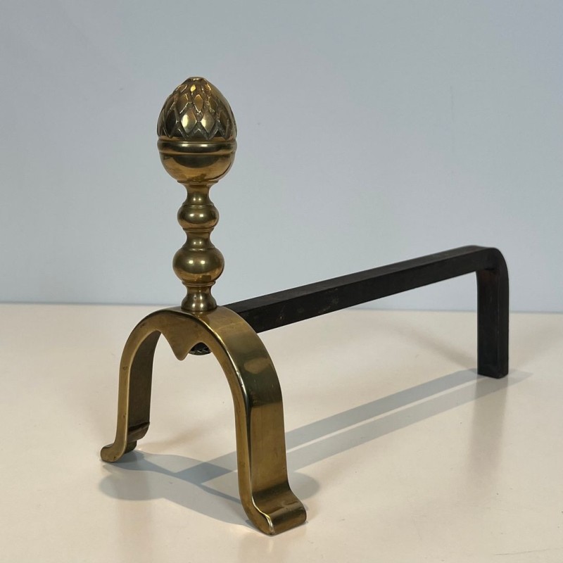 Pair of Neoclassical Brass Andirons with Pine Cone Finials, in the Style of Maison Jansen