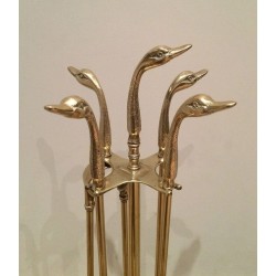 Neoclassical Brass Fireplace Companion Set with Duck Head Handles, Maison Jansen Style
