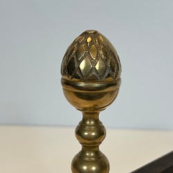 Pair of Neoclassical Brass Andirons with Pine Cone Finials, in the Style of Maison Jansen