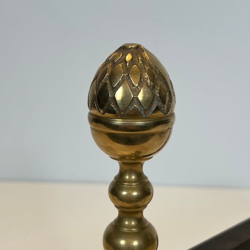 Pair of Neoclassical Brass Andirons with Pine Cone Finials, in the Style of Maison Jansen