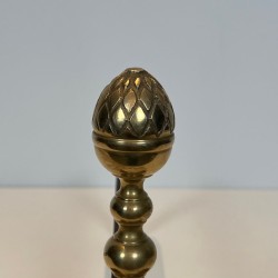 Pair of Neoclassical Brass Andirons with Pine Cone Finials, in the Style of Maison Jansen