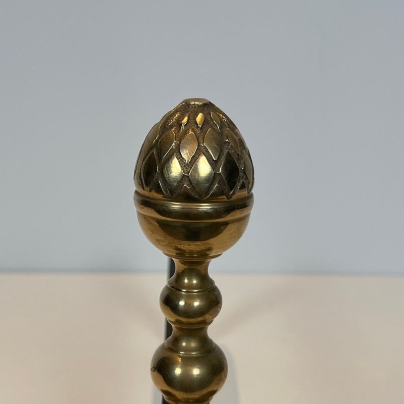 Pair of Neoclassical Brass Andirons with Pine Cone Finials, in the Style of Maison Jansen