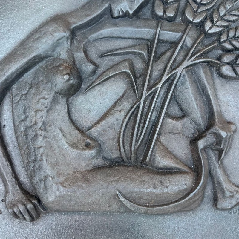 Art Deco Cast Iron Fireback, Allegorical Harvest Nude, Foundry Stern, circa 1950