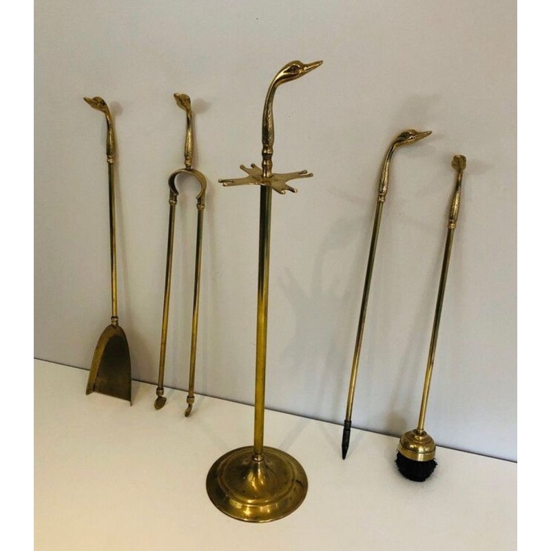 Neoclassical Brass Fireplace Companion Set with Duck Head Handles, Maison Jansen Style