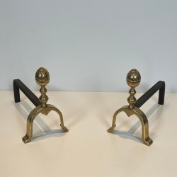 Pair of Neoclassical Brass Andirons with Pine Cone Finials, in the Style of Maison Jansen