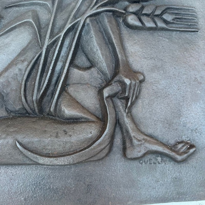 Plaque de Foyer Art Déco en Fonte, Nu Allégorique de la Moisson, Fonderie Stern, vers 1950