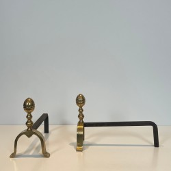 Pair of Neoclassical Brass Andirons with Pine Cone Finials, in the Style of Maison Jansen