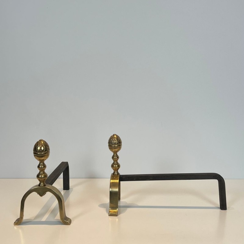 Pair of Neoclassical Brass Andirons with Pine Cone Finials, in the Style of Maison Jansen