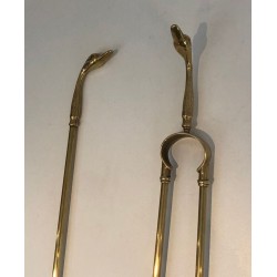 Neoclassical Brass Fireplace Companion Set with Duck Head Handles, Maison Jansen Style