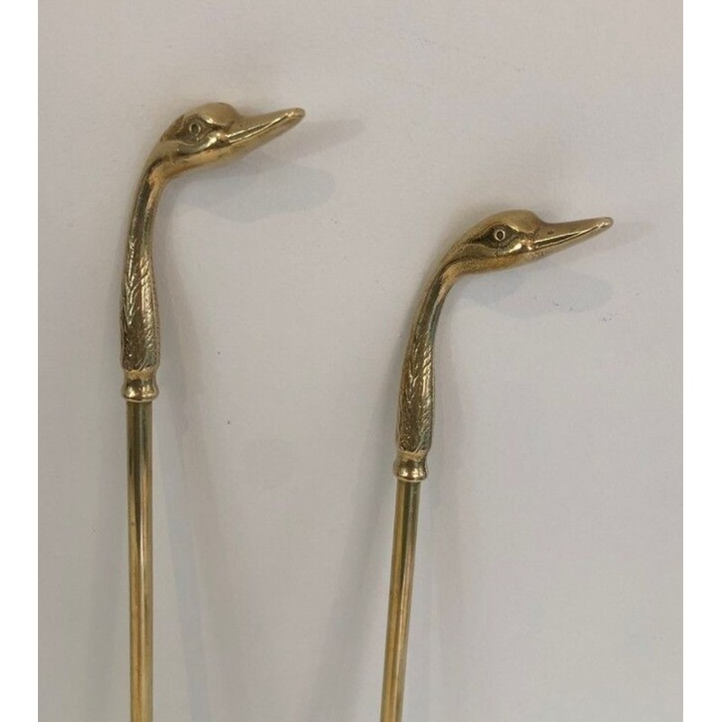 Neoclassical Brass Fireplace Companion Set with Duck Head Handles, Maison Jansen Style