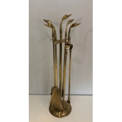 Neoclassical Brass Fireplace Companion Set with Duck Head Handles, Maison Jansen Style