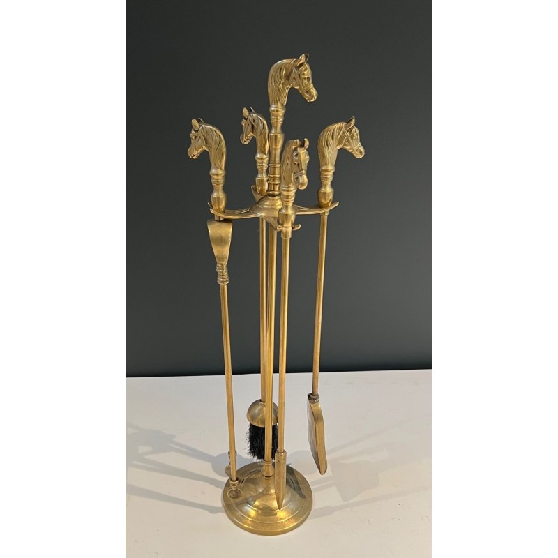 Neoclassical Brass Fireplace Companion Set with Horse Head Handles, Circa 1950