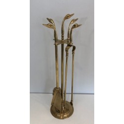 Neoclassical Brass Fireplace Companion Set with Duck Head Handles, Maison Jansen Style