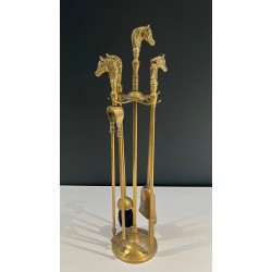 Nécessaire de Feu Néoclassique en Laiton à Manches de Têtes de Cheval, Vers 1950