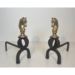 Pair of Gilt Bronze and Wrought Iron Horse Head Andirons, French, Circa 1900