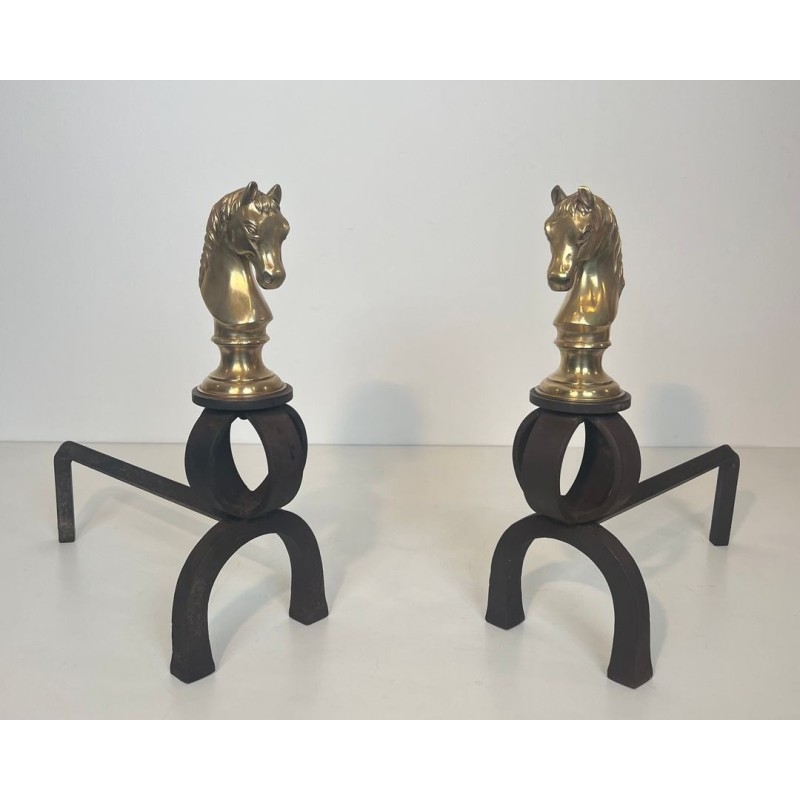 Pair of Gilt Bronze and Wrought Iron Horse Head Andirons, French, Circa 1900