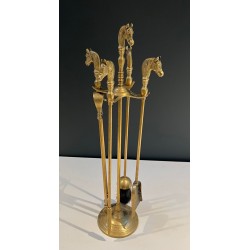 Neoclassical Brass Fireplace Companion Set with Horse Head Handles, Circa 1950
