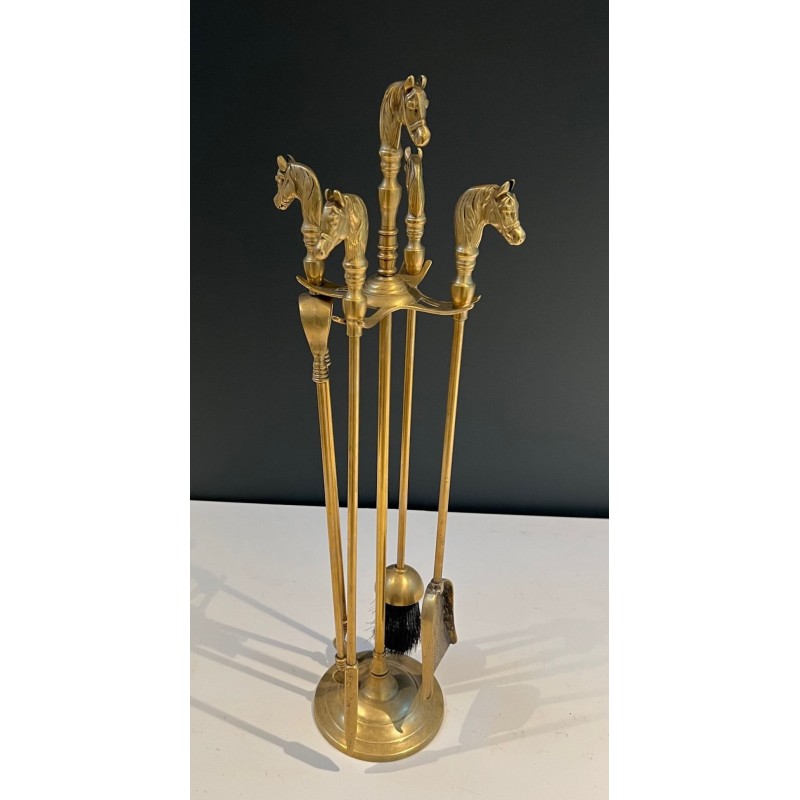 Neoclassical Brass Fireplace Companion Set with Horse Head Handles, Circa 1950