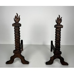 Pair of Wrought Iron and Gilt Cast Iron Flame Andirons, in the Style of Gilbert Poillerat