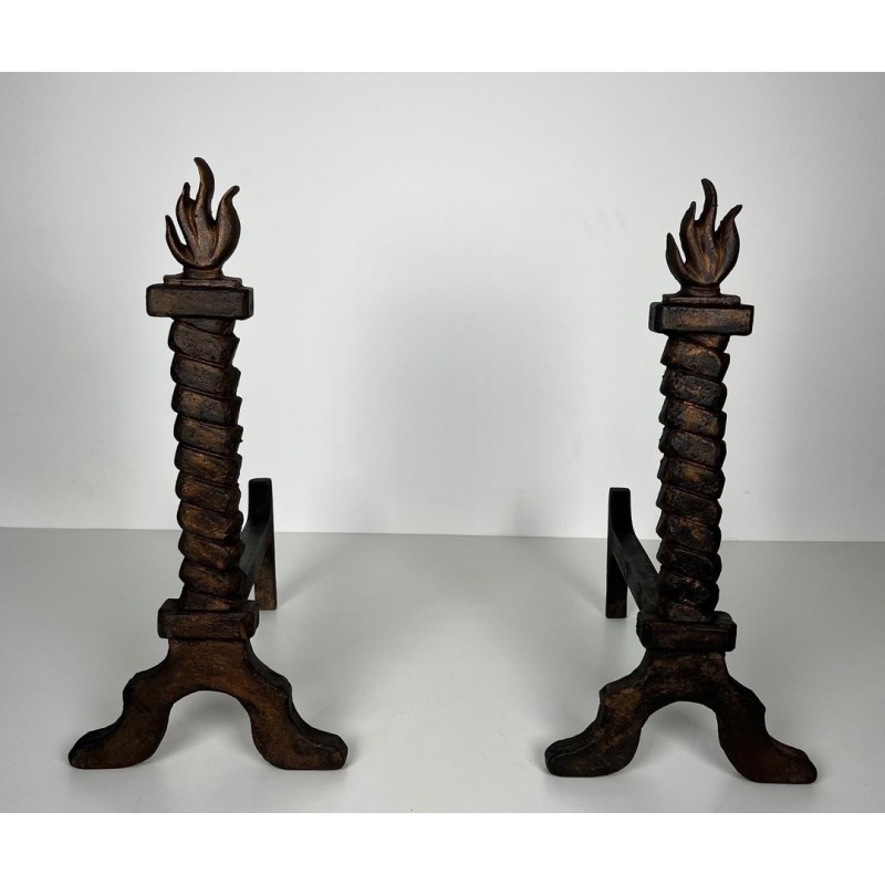 Pair of Wrought Iron and Gilt Cast Iron Flame Andirons, in the Style of Gilbert Poillerat